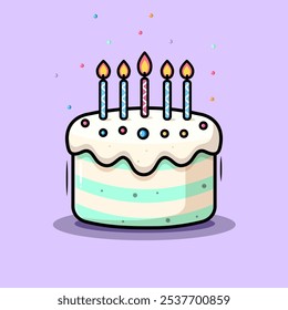 Birthday Cake Cartoon Cake With Candles And Dripping Cream On Purple Background Vector Illustration