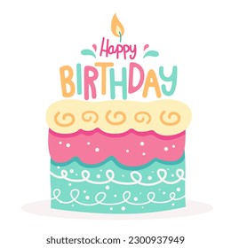 birthday cake cartoon drawing, colorful bakery illustration on white background.
