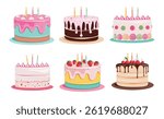 Birthday cake cartoon elements clipart set. Birthday colorful cake clip art collection for party, wedding, anniversary and holiday celebration yummy dessert vector illustration. 
