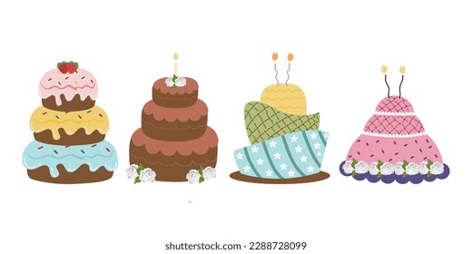 Geburtstagskortographie-Illustration. Doodle-Kuchen, Cupcakes für eine fröhliche Geburtstagsfeier