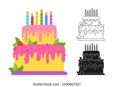 Birthday cake cartoon or stamp, doodle outline set. Birthday party surprise holiday celebrate cakes. Kids design for fabric, textile, stencil stain print. Invitation design tasty dessert vector icon