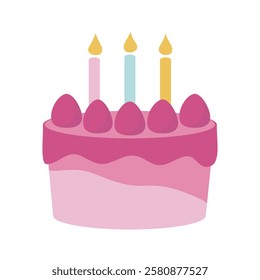 Birthday Cake Celebration: A delightful pink and white birthday cake with three lit candles, symbolizing joy, celebration, and wishes. Perfect for illustrating birthdays, special occasions.