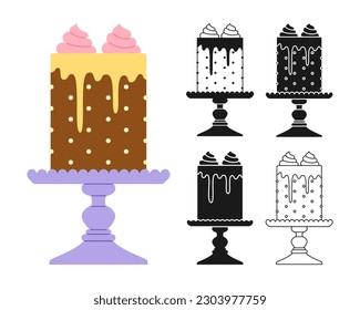 Birthday cake celebration dessert cartoon symbol stamp, line doodle design set. Party delicious cupcake sweet yummy bakery collection. Holiday anniversary cake, decoration tasty pastries vector design