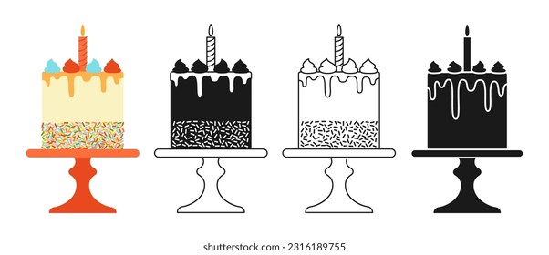 Birthday cake celebration dessert cartoon symbol stamp, line doodle design set. Party delicious cupcake sweet yummy bakery collection. Holiday anniversary cake, decoration tasty pastries vector design