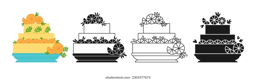 Birthday cake celebration dessert decorated sweet orange citrus. Cartoon symbol, stamp, line doodle design set. Party delicious yummy bakery collection. Holiday cake decoration pastries sign