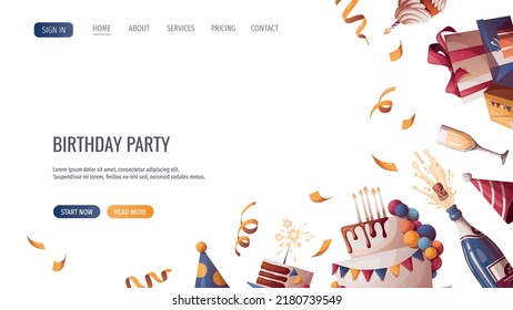 Birthday cake, champagne, cupcake, gifts, caps, confetti. Birthday party, celebration, holiday, event, festive, bakery, tasty food concept. Vector illustration. Website, banner template.