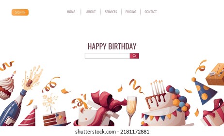 Birthday cake, champagne, cupcake, gifts, caps, confetti. Birthday party, celebration, holiday, event, festive, bakery, tasty food concept. Vector illustration. Website, banner template.