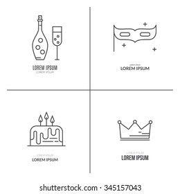 Birthday cake, champagne, decoration, presents and other celebration symbols. Modern line style party icons.