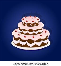 Birthday cake with cherries on blue background, illustration.