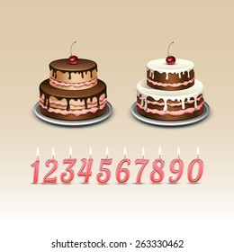 Birthday Cake with Cherry and Candles with Numerals. Isolated on Background. Realistic Vector Illustration