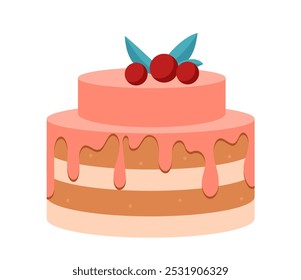 Birthday cake with cherry. Cake with glazed icing and berries. Pastry and bakery. Birthday or Christmas, New Year. Template and layout. Flat vector illustration isolated on white background