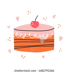 Birthday cake with cherry. HAnd drawn vector illustration for card, banner, t shirt