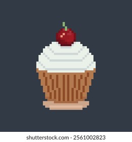 Birthday cake with cherry, vector illustration. Cupcake pixel art. Cupcake with cherry pixel art.