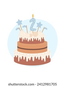 Birthday cake for a child decorated with a candle in the shape of the number two. Vector illustration on a white background.