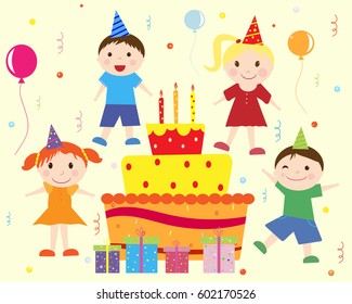 Birthday cake for children and gifts. Group of children dressed in holiday hats, balloons, boxes with gifts and festive cake vector illustration  