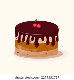 Birthday Cake. Chocolate cake with cherry. Isolated on a white background. Vector illustration in flat style.