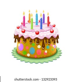 Birthday cake with chocolate creme and burning candles isolated on white background - eps10 vector illustration. Vector Illustration.