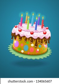 birthday cake with chocolate creme and burning candles - eps10 vector illustration.