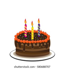 Birthday cake with chocolate creme and burning candles isolated on white background