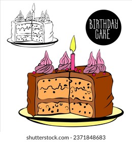 birthday cake with chocolate icing and burning candle, cut piece of baking.
