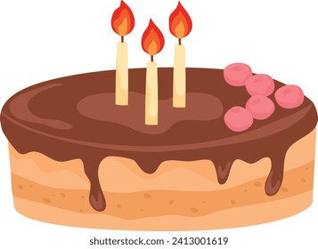 Birthday cake with chocolate icing and three lit candles. Cartoon cake with pink decorations. Celebration dessert vector illustration.