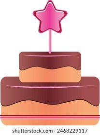 Birthday cake with chocolate icingand pink star-candle isolated on white. Vector birthday composition. Flat cartoon design for postcards and stickers, birthday party invitation
