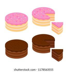 Birthday cake and chocolate cake isometric set, whole and cut slice. Isolated vector illustration.