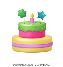 Birthday cake with chocolate melting icing, burning candle, golden beads, stars and sprinkles. Vector isolated tasty dessert from bakery or cafe. Anniversary celebration and festivity decor