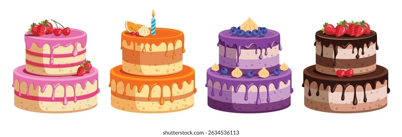 Birthday cake clipart set. Birthday cake in two layers elements clip art in strawberry, lemon, blueberry and chocolate flavors delicious dessert collection vector illustration. 
