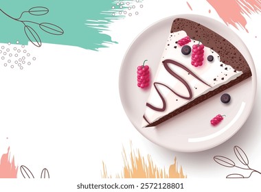 Birthday cake clipart template design. Slice chocolate cake on a plate with grapes toppings in abstract background for bday celebration restaurant menu. Vector illustration hotel food template clip 