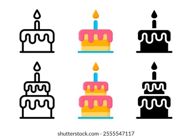 Birthday cake color flat icon. Festive two-tier cake cake with candle illustration. Birthday gift sign. Cartoon dessert symbol. Party pictogram.