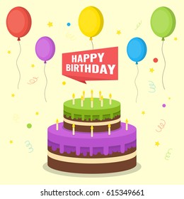 Birthday cake with colorful balloon. Flat vector illustration.