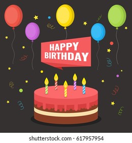 Birthday cake with colorful balloon. Flat vector illustration.