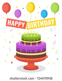 Birthday cake with colorful balloon. Flat vector illustration.