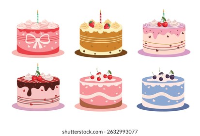 Birthday cake colorful clipart set. Birthday cake dessert drawing elements clip art of sweet delicious food collection for party decoration in white background vector illustration. 
