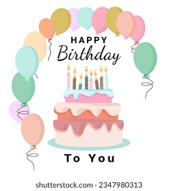 Birthday cake. Colorful birthday. Vector Illustration. Happy Birthday greeting card in pastel colors with candles, and cake. Vector illustration on a white background