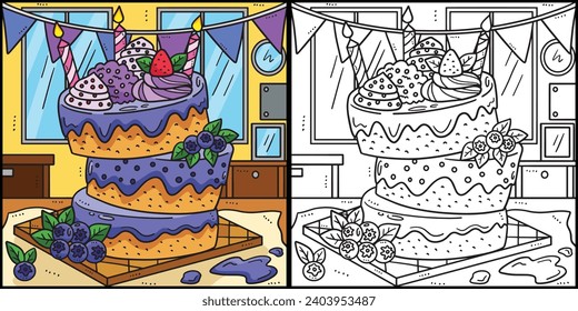 Birthday Cake Coloring Page Colored Illustration