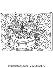 Birthday cake coloring page for kids. Birthday cake coloring page for adults. Happy birthday