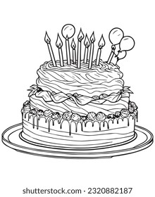 Birthday cake coloring page for kids. Birthday cake coloring page for adults. Happy birthday
