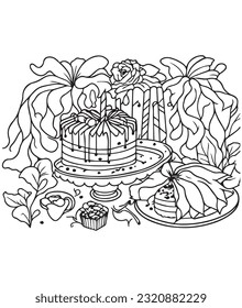 Birthday cake coloring page for kids. Birthday cake coloring page for adults. Happy birthday