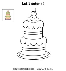 Birthday cake coloring page. Trace and color cake. Cake sweet dessert coloring page for kids. Birthday cake clipart.