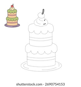 Birthday cake coloring page. Trace and color cake. Cake sweet dessert coloring page for kids. Birthday cake clipart.