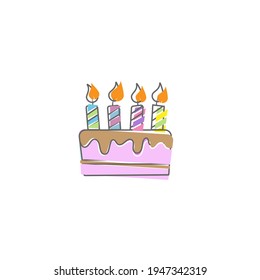Birthday cake. A comic drawing with a contour and a colored silhouette. Vector illustration isolated on a white background. Flat Style
