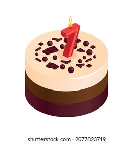 Birthday cake composition with isolated image of sweet cake for anniversary with cream toppings and digit shaped candle isometric vector illustration
