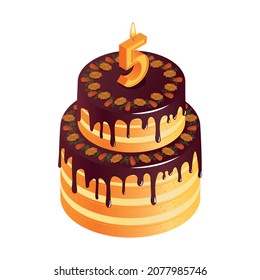 Birthday cake composition with isolated image of sweet cake for anniversary with cream toppings and digit shaped candle isometric vector illustration