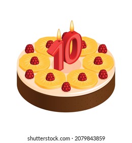 Birthday cake composition with isolated image of sweet cake for anniversary with cream toppings and digit shaped candle isometric vector illustration