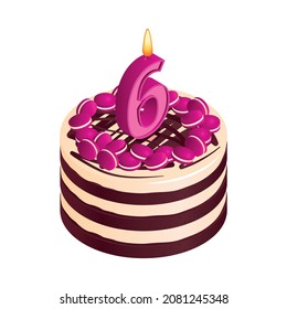 Birthday cake composition with isolated image of sweet cake for anniversary with cream toppings and digit shaped candle isometric vector illustration