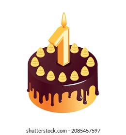 Birthday cake composition with isolated image of sweet cake for anniversary with cream toppings and digit shaped candle isometric vector illustration