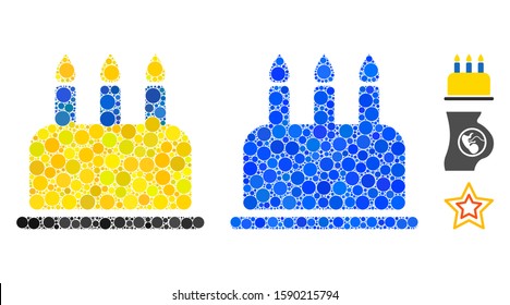 Birthday cake composition of round dots in variable sizes and shades, based on birthday cake icon. Vector round dots are grouped into blue mosaic. Dotted birthday cake icon in usual and blue versions.