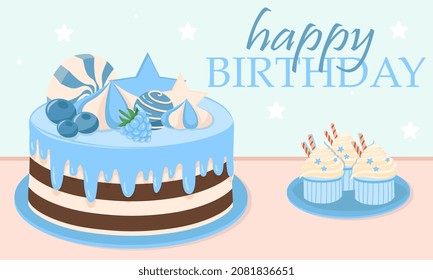 Birthday cake concept. Colorful poster with fruit sweets, cupcakes, blue glaze and delicious cream. Design element for greeting cards, covers and social networks. Cartoon flat vector illustration